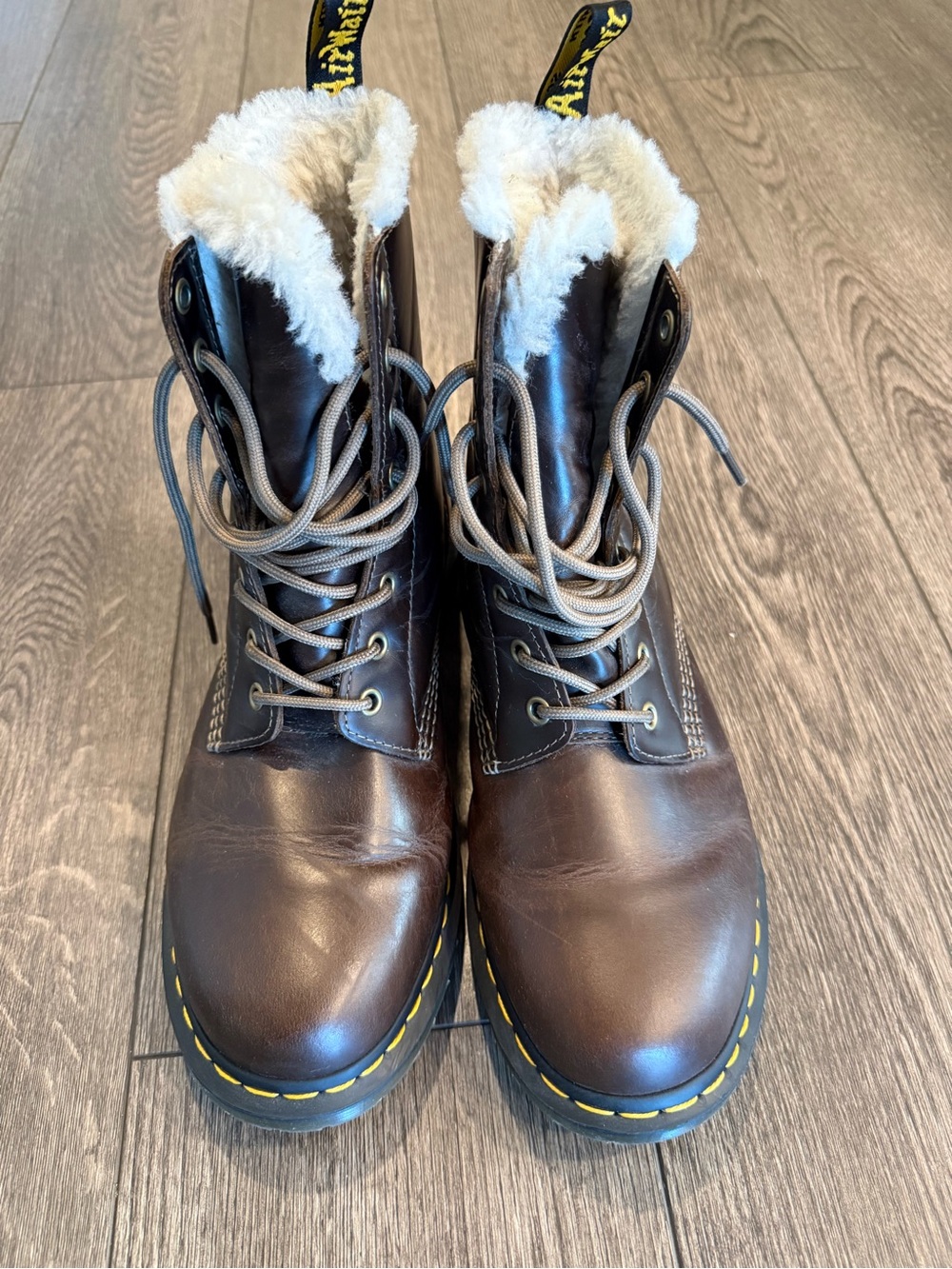 Dr. Martens Brown Leather Lace-Up Women's Boots with Cream Shearling